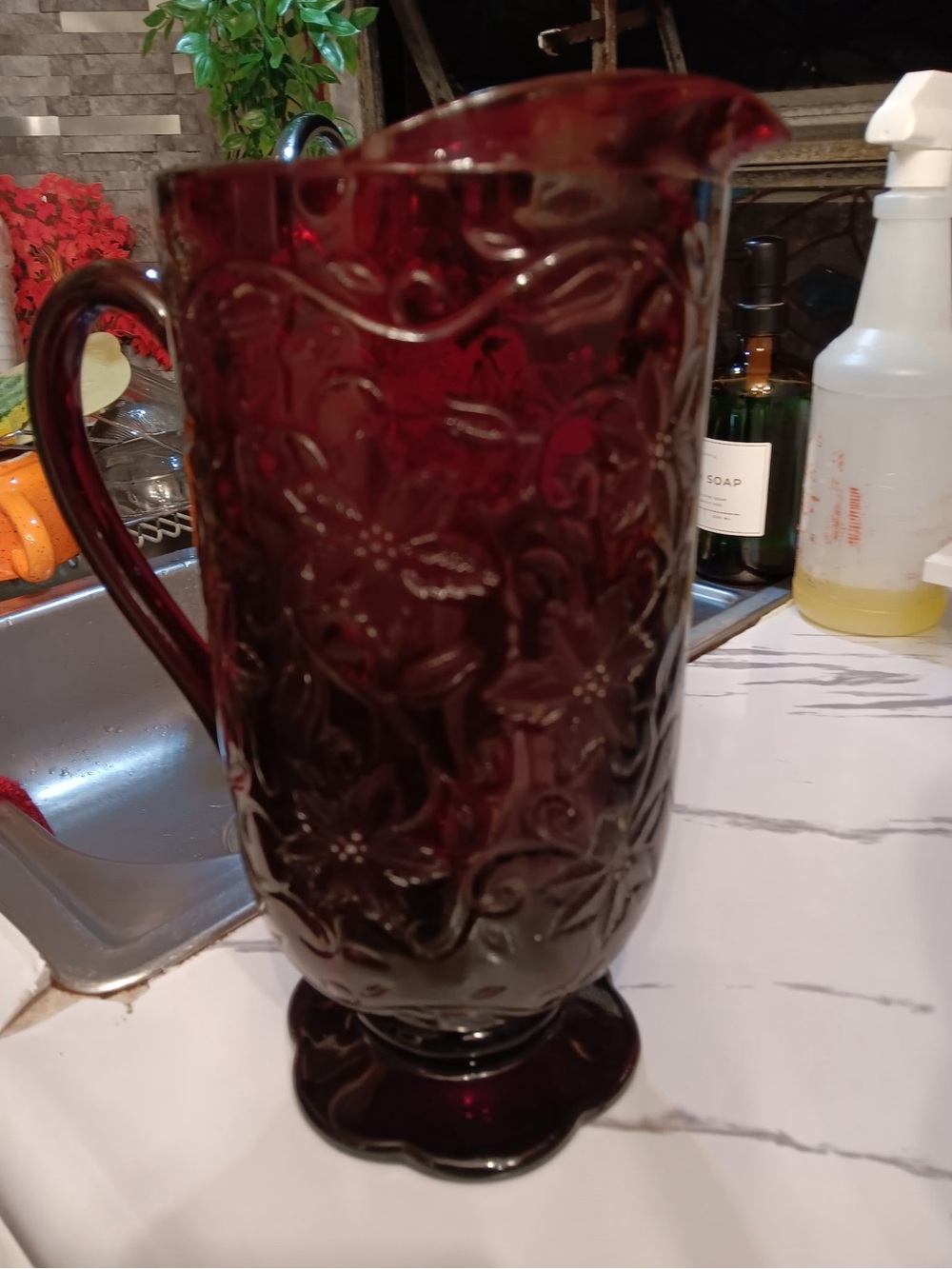 Princess House Ruby Red Embossed Glass Pitcher
